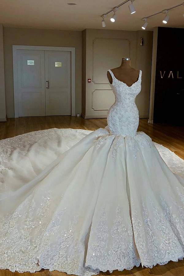 Shiny Mermaid Beaded Lace Strap Applique Wedding Dress