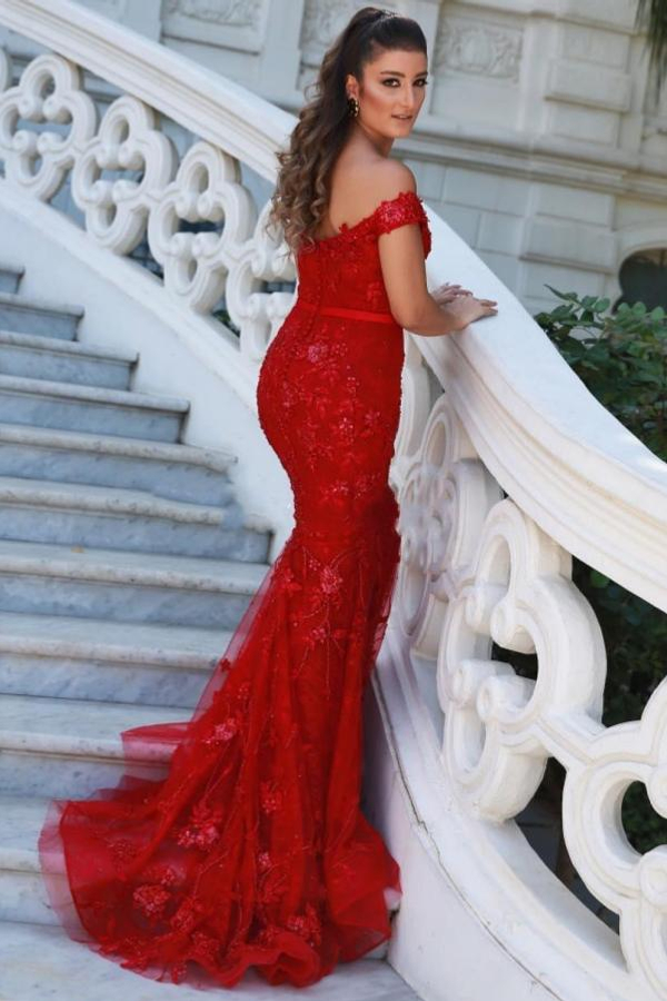 Elegant Long Red Card-Shoulder Evening Dress | Glitter Prom Dresses