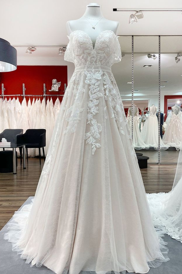 Stylish Off-Shoulder A-Line Wedding Dress with Floral Lace Appliques and Backless Design