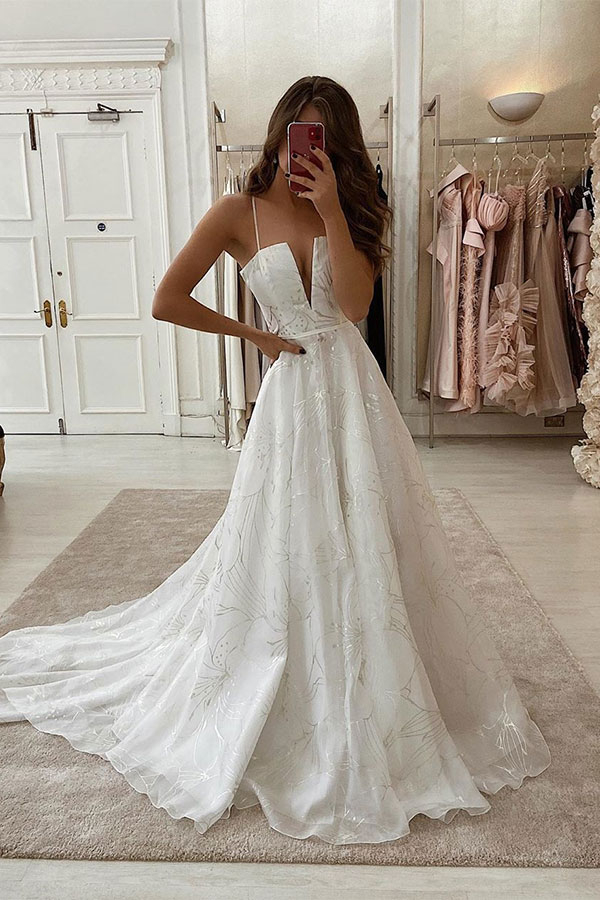 Sexy Spaghetti Strap V-Neck White Unique Design Wedding Dress