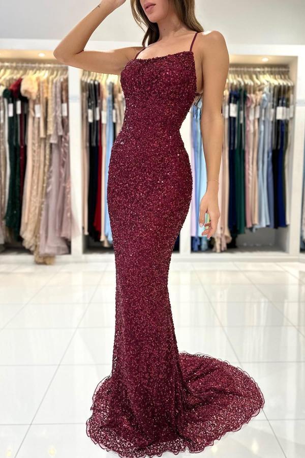 Wine Red Long Evening Dress | Cheap Glitter Prom Dress
