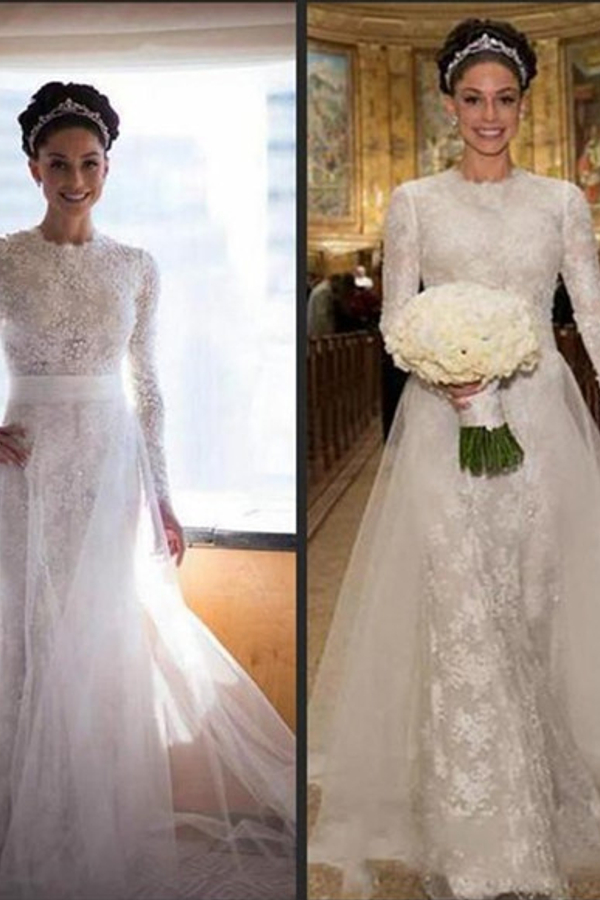High Collar Long Sleeve Wedding Dress with Beading and Lace Sweep Train