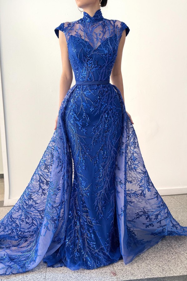 Long King Blue Glitter Evening Dress | Homecoming Dress with Lace