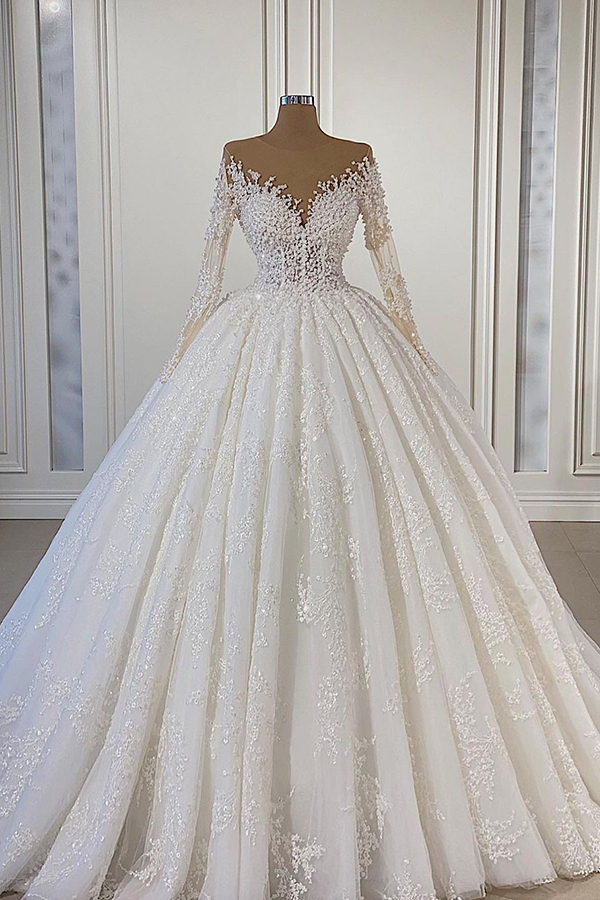 Gorgeous Long Sleeve 3D Floral Applique and Pearl A-Line Wedding Dress