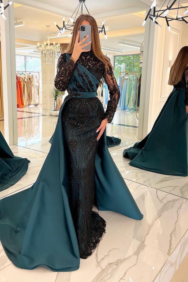 Amazing Long Sleeves Satin Mermaid Prom Dress | Black Sequins Long Evening Dress with Sweep Train