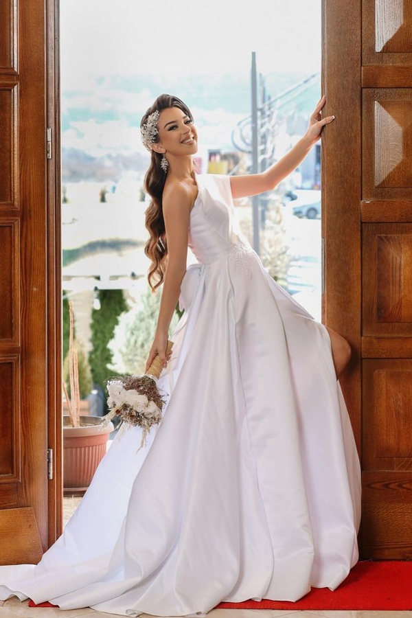 One-Shoulder Split Front Floral Long Prom Dress