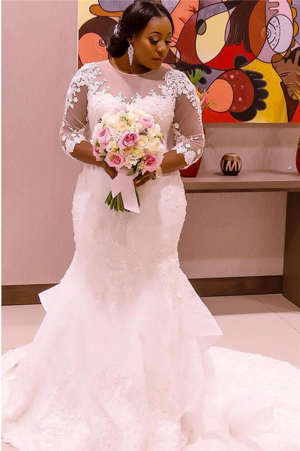 Half Sleeve Scoop Mermaid Lace Applique Sheer Tulle New Wedding Dress