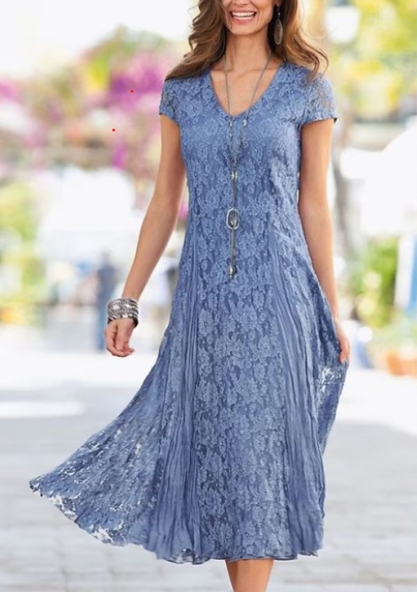 Gorgeous Blue Lace Mother of the Bride Dress with V-Neck