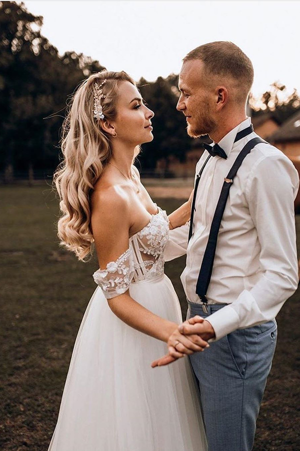 Designer A-Line Off-Shoulder Lace-Tulle Wedding Dress