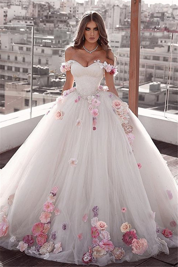 Glamorous Off-Shoulder Flower Ball Gown Wedding Dress
