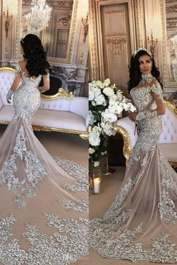 Long Sleeve Silver High Neck Evening Dress with Lace Mermaid Design