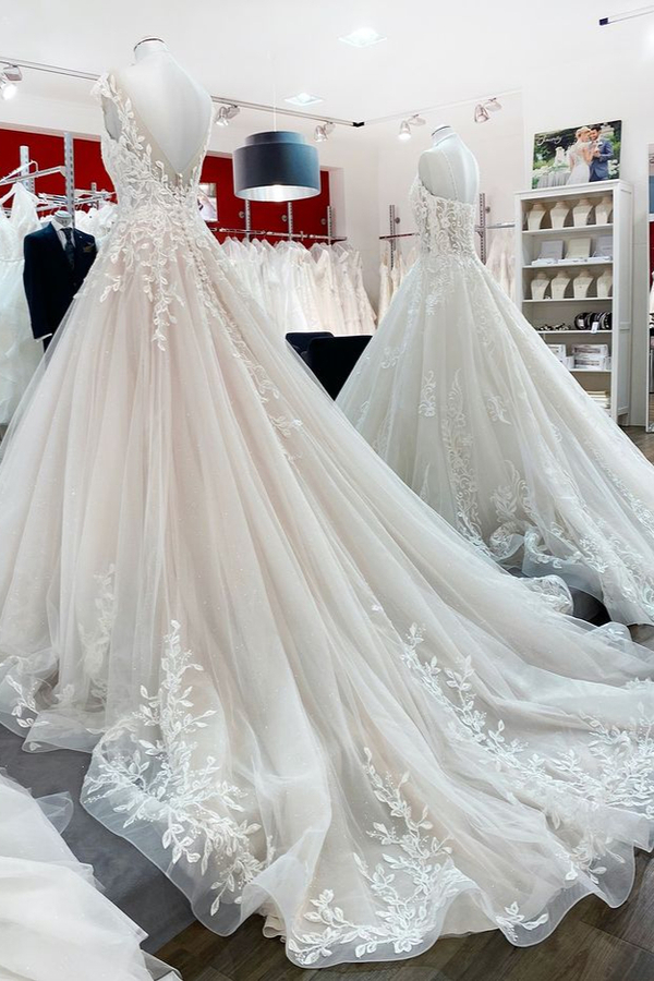 Vintage A-Line Wedding Dress with Lace Appliques, Jewel Tulle Ruffles, and Long Train