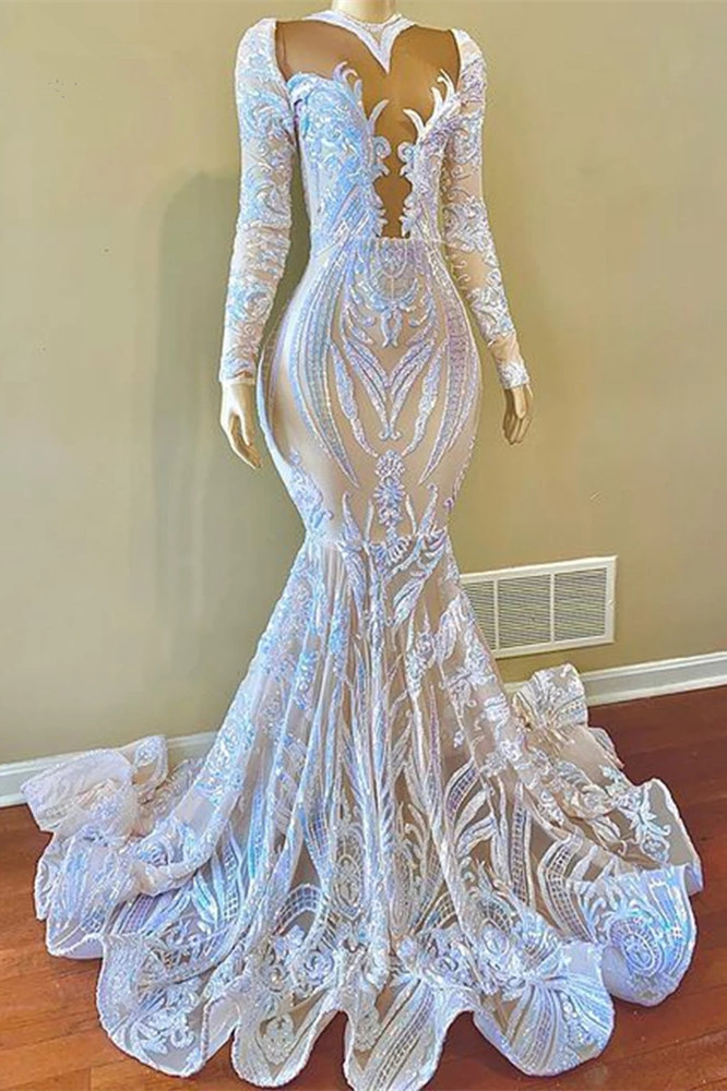 Sparkle Sequined White Long Sleeves Mermaid Prom Dress