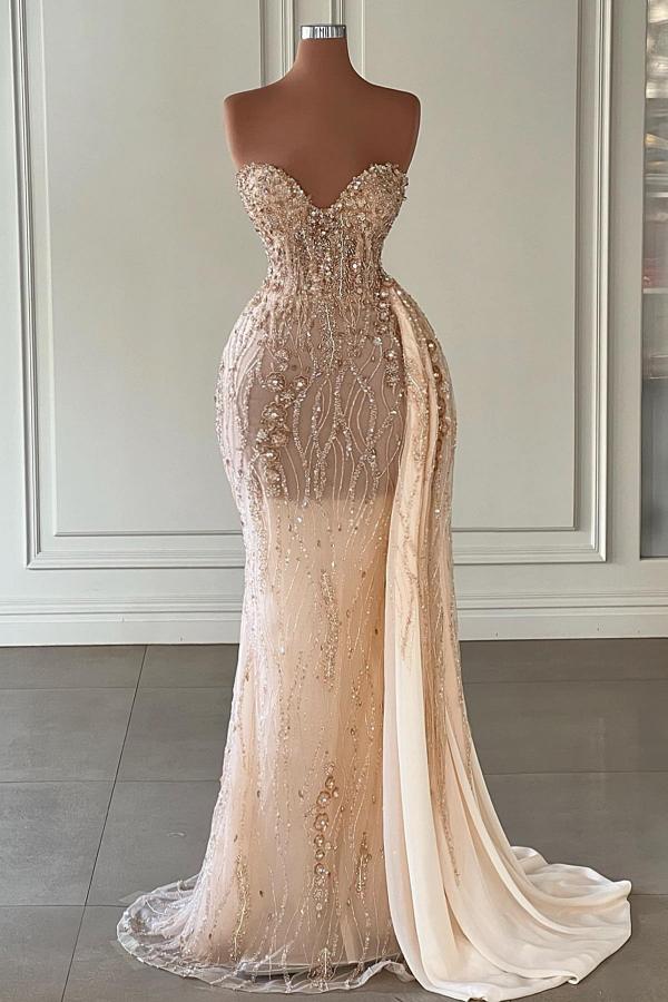 Glitter Crystal Sweetheart Strapless Mermaid Evening Party Dress with Side Sweep Train for Wedding