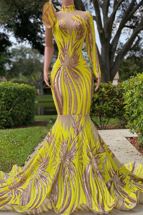 Chic Yellow Turtleneck One Shoulder Long Sleeve Mermaid Prom Dress