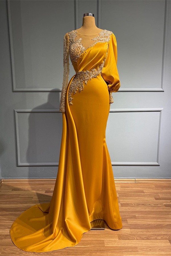 Gold Long Glitter Evening Dresses | Prom Dresses with Sleeves