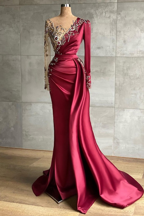 Charming Satin Evening Dress with Side Sweep Train | Long Sleeve Prom Dress