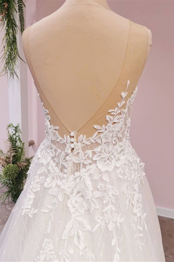 Sleeveless A-Line Wedding Dress with Floral Lace Appliques and V-Neck