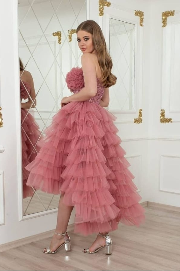 Pink Short Hi-Lo Wedding Party Dress | Tulle Layers | Romantic