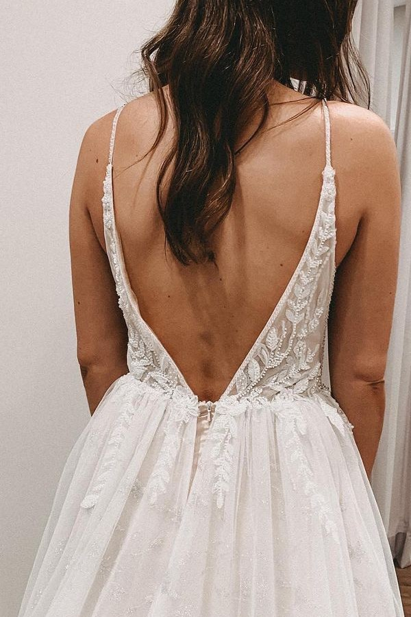Simple Boho A-Line V-Neck Slip Lace Wedding Dress