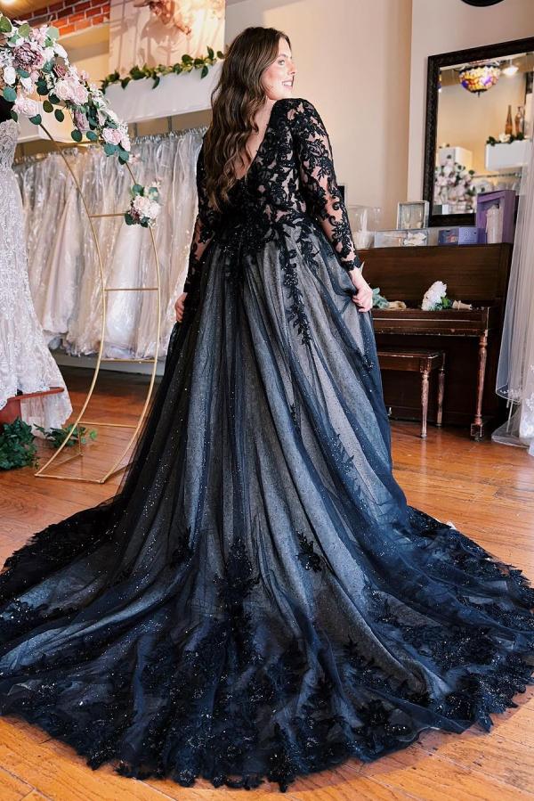 Vintage Wedding Dresses with Sleeves | Black Wedding Dresses A Line Lace