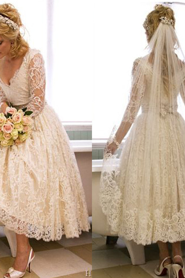 A-Line V-Neck 3/4 Long Sleeve Lace Wedding Dress with Tea Length and Plus Size Design