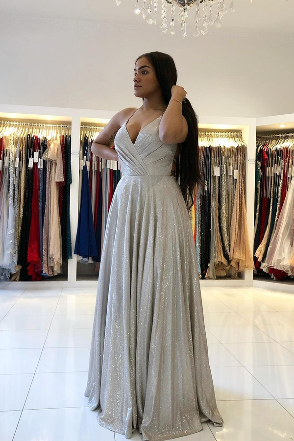Sexy Spaghetti Straps Glitter Sequins V-Neck A-line Evening Dress
