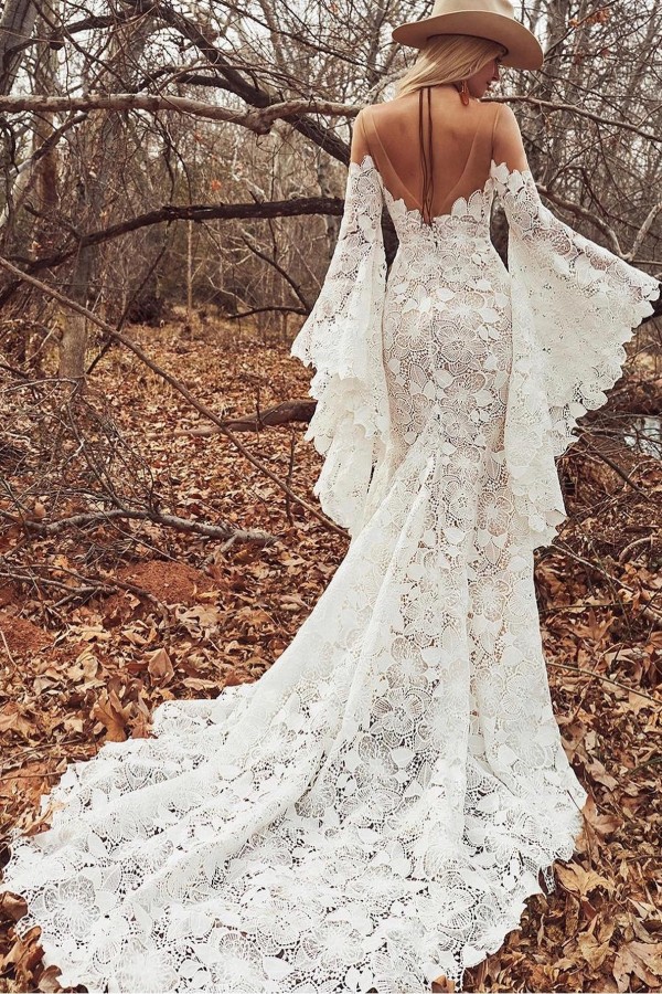 Long wide sleeves v-neck lace column wedding dress