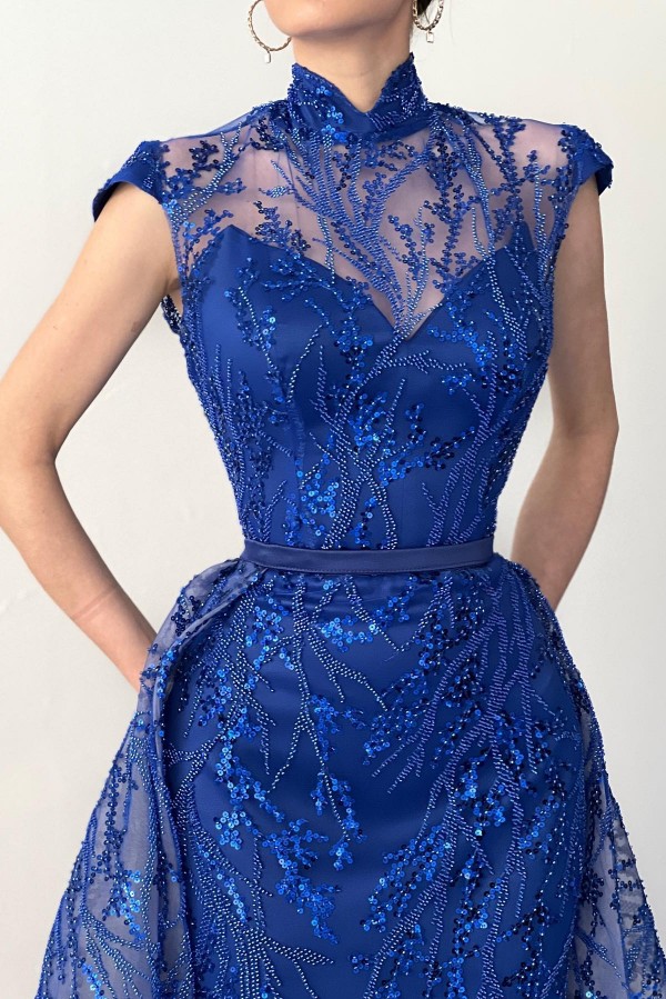 Long King Blue Glitter Evening Dress | Homecoming Dress with Lace
