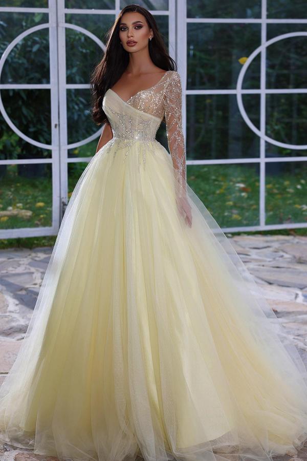 Charming One-Shoulder Glitter Beads Tulle Evening Dress | A-Line Long Formal Party Dress
