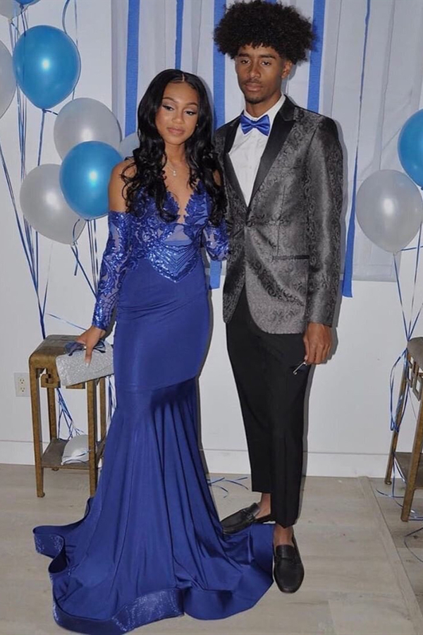Royal Blue Mermaid Prom Dress | Sequined V-Neck Party Wear