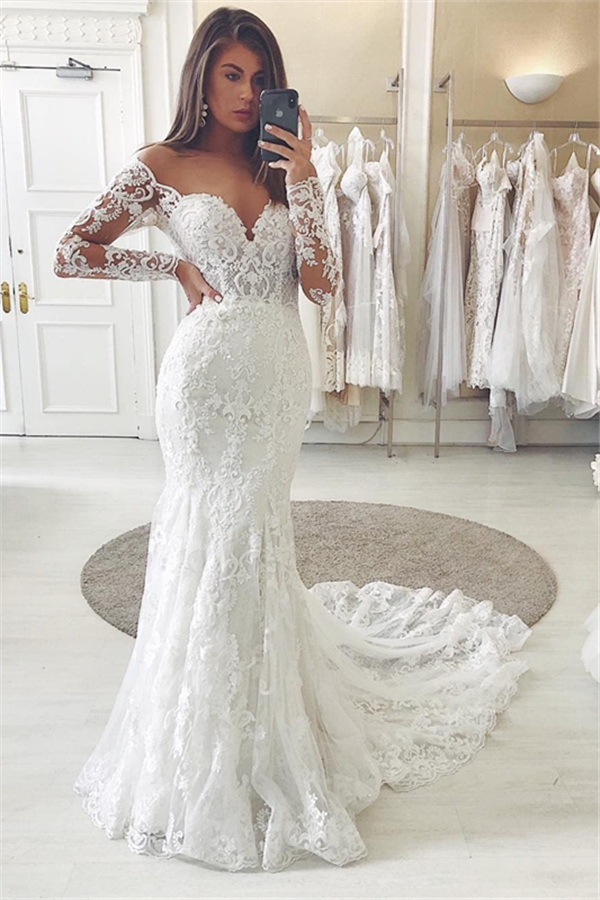 Unique Long Sleeve Mermaid White Court Train Wedding Dress