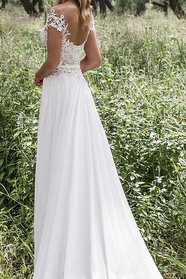 Sleeveless V-Neck Lace Chiffon A-Line Floor-Length Wedding Dress