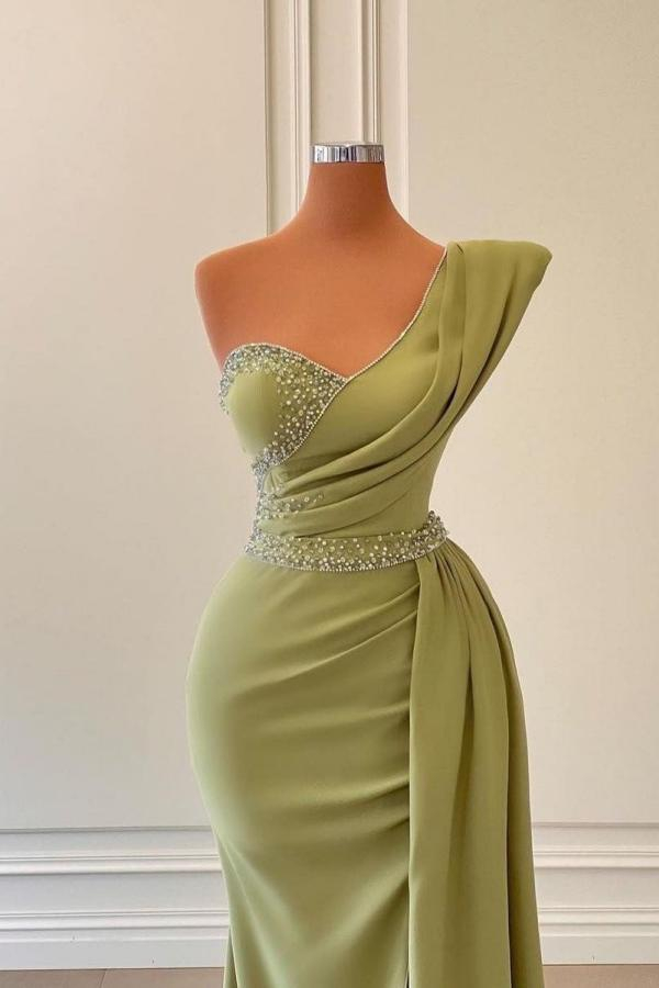 One Shoulder Long Beaded Evening Dress|Side Slit Ball Gown with Cape