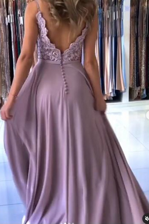 Fine Shoulder Belt Split Front A-Line Floral Lace Long Prom Dress