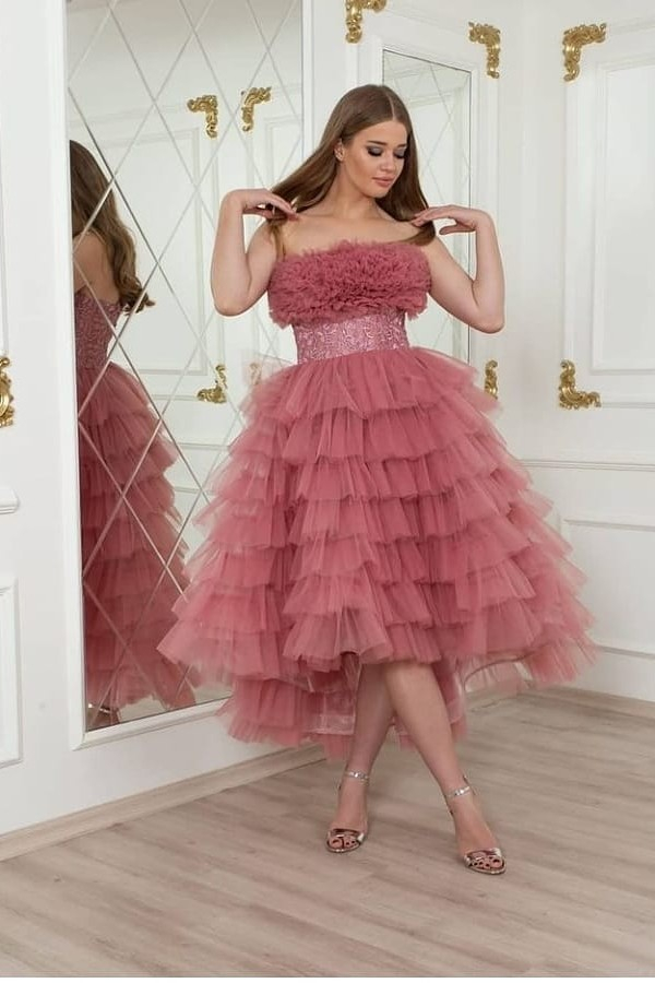 Pink Short Hi-Lo Wedding Party Dress | Tulle Layers | Romantic