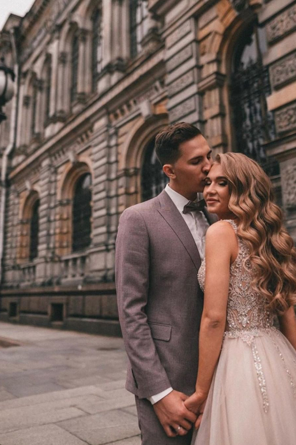 Boho Long V-Neck Tulle Wedding Dress with Side Slit and Lace