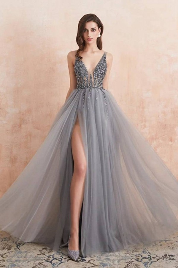 Elegant V-Neck Beaded Tulle Prom Dress Side Split Luxury Evening Party Dress