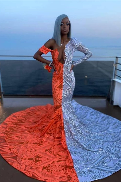 Half-Half Sequin Mermaid Off-the-Shoulder Prom Dress with Court Train