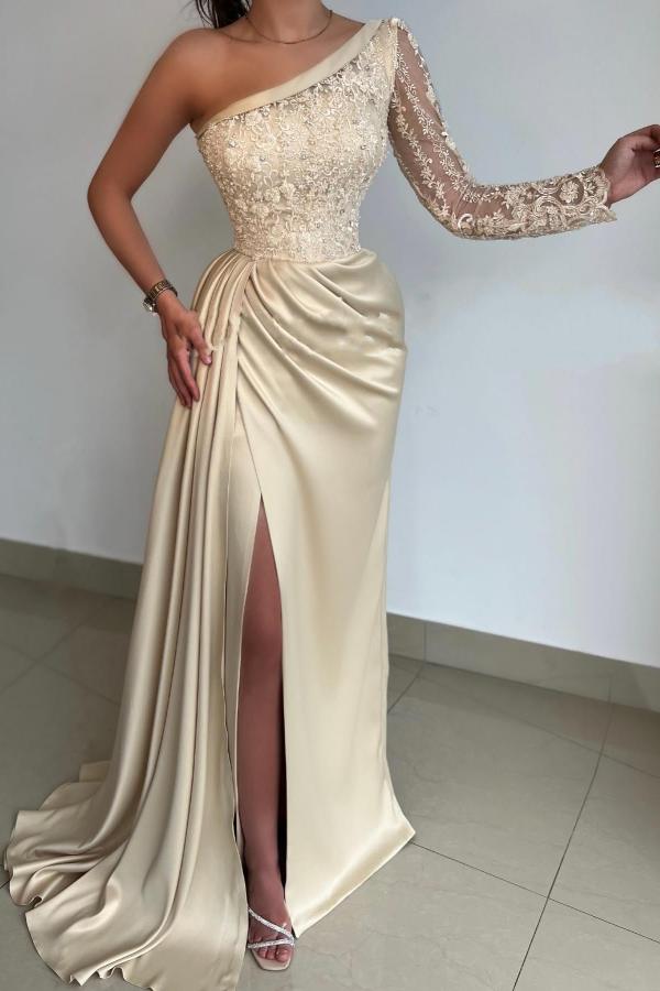 Champagne One-Shoulder Long Sleeve Prom Dress with Lace