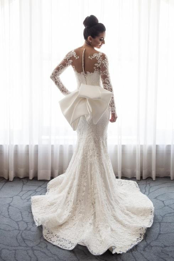Gorgeous Mermaid Lace Wedding Dress with Sleeves and Bowknot Detachable Overskirt