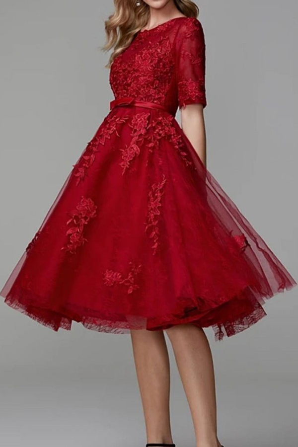 Burgundy Half Sleeve Tulle Lace Formal Dress | Short Daily Wear Dress