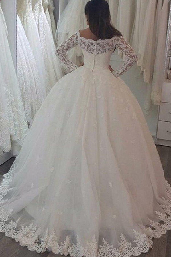 Sweep Train Applique Ball Gown Off-Shoulder Lace Long Sleeve Wedding Dress