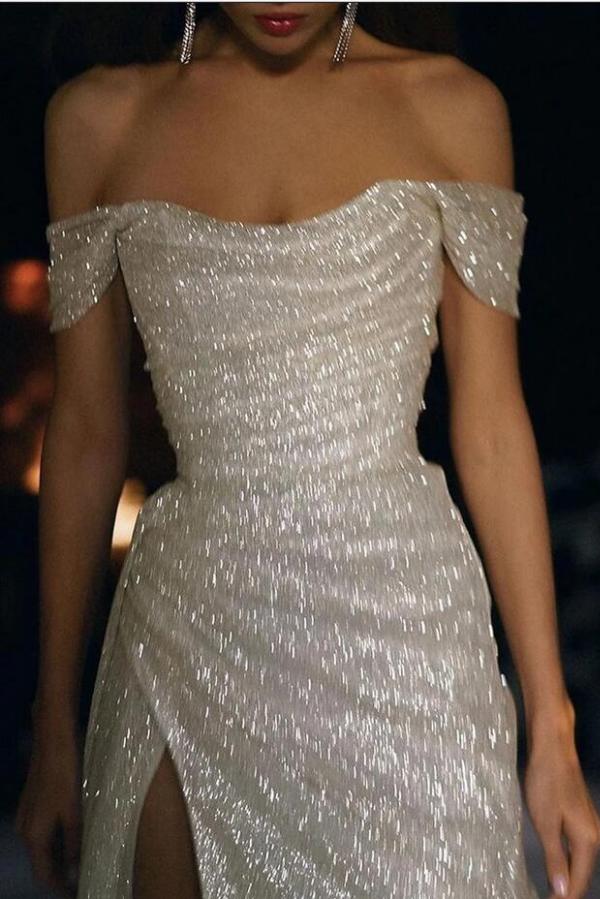 Off Shoulder Sequined Mermaid Wedding Dress Simple Side Split Bridal Dress