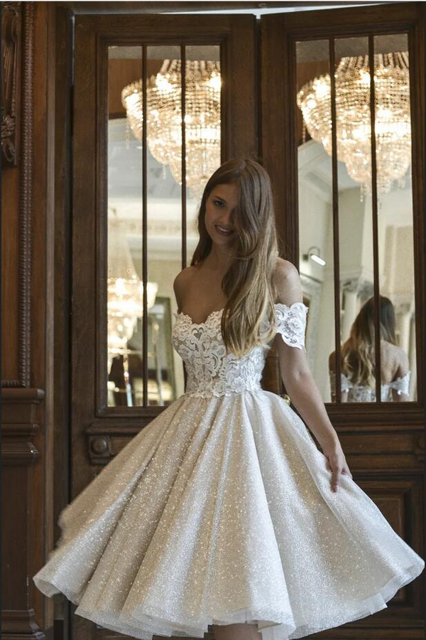 Fashion Off-Shoulder Lace Applique Short Wedding Dress with Sequins