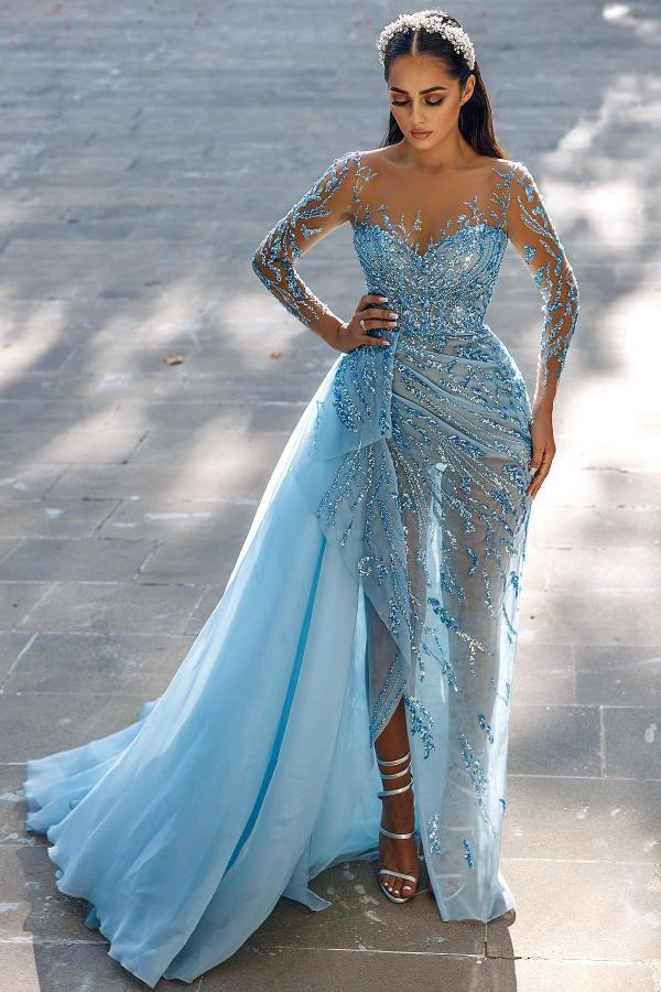 Sky Blue Sweetheart Sparkle Crystals Long Prom Dress | Side Sweep Train