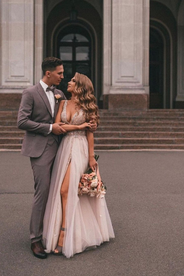 Boho Long V-Neck Tulle Wedding Dress with Side Slit and Lace