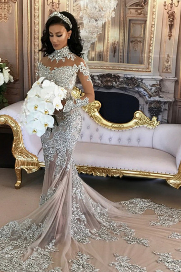Long Sleeve Silver High Neck Evening Dress with Lace Mermaid Design