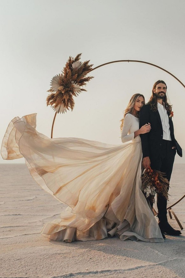 Designer A-Line Long Train Belted Sleeve Wedding Dress