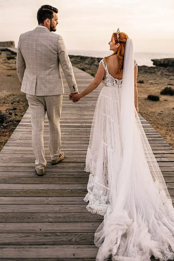 Fashionable A-Line Lace V-Neck Long Wedding Dress